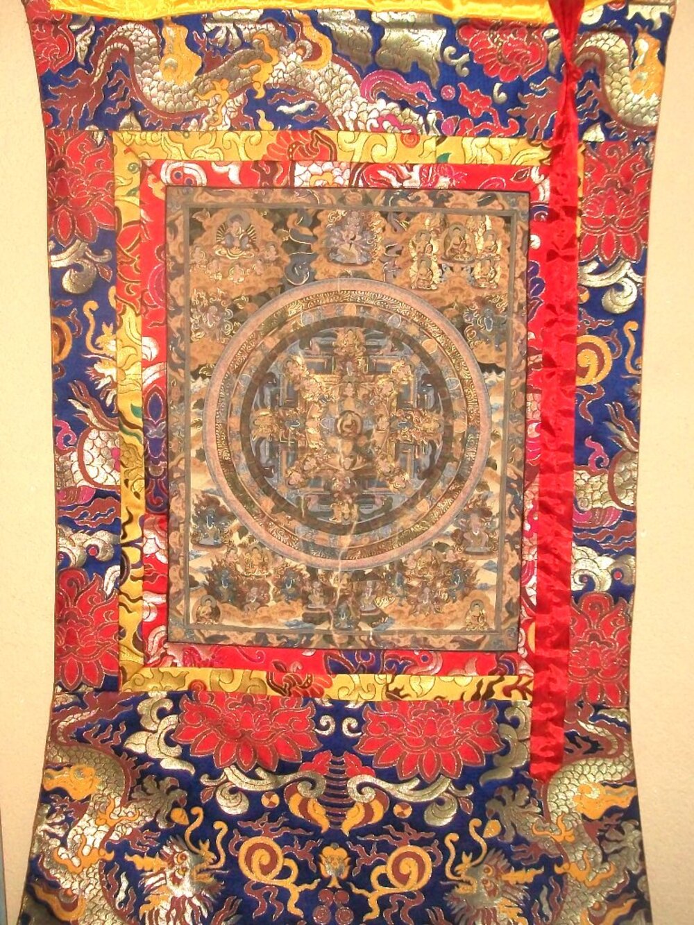 Large Hanging Vintage Tibetan Thangka w Handpainted Mandala on Heavy Brocade